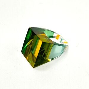 Vintage 60s Mod Lucite Dome Ring Green Yellow Square Futuristic Pop Art Size 6